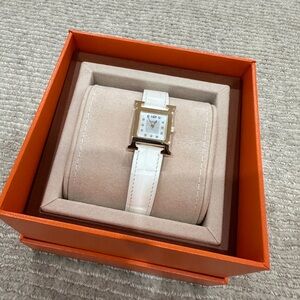 Hermes Heure H watch small, mother of pearl w/ diamonds + white alligator strap